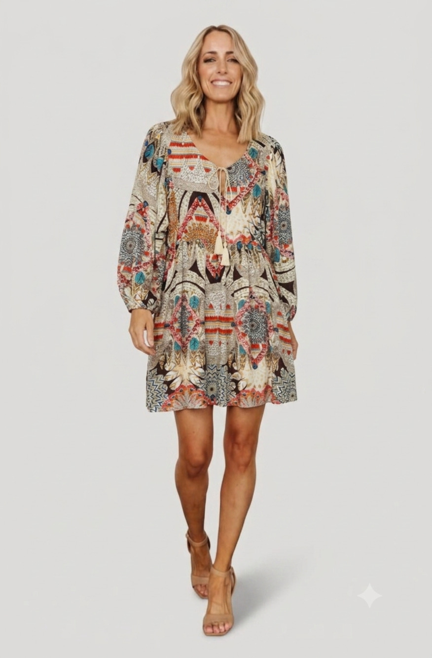 Umgee Floral Tassel Mini Dress Long Sleeve Tiered Size L Western Boho Nashville